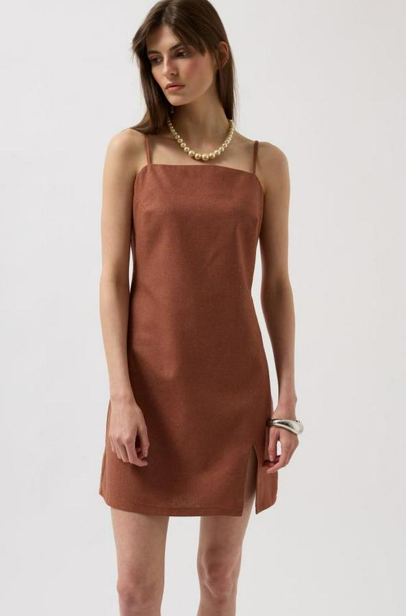 Ip Askılı Yırtmaç Detay Keten Mini Elbise