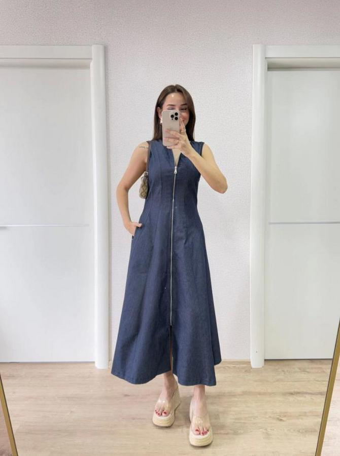 Jeans Kot Önü Tam Fermuarlı Uzun Elbise