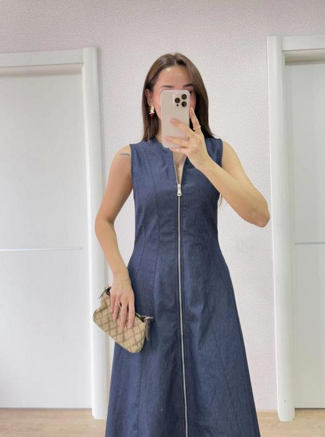 Jeans Kot Önü Tam Fermuarlı Uzun Elbise