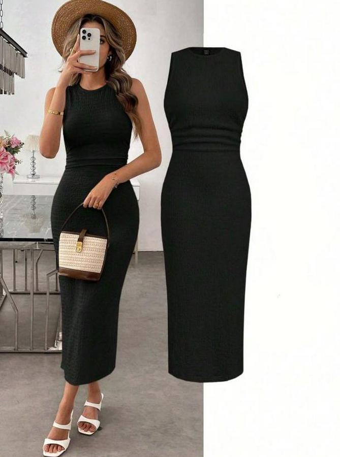 Askılı Bisiklet Yaka Beli Büzgülü Uzun Bürümcük Elbise