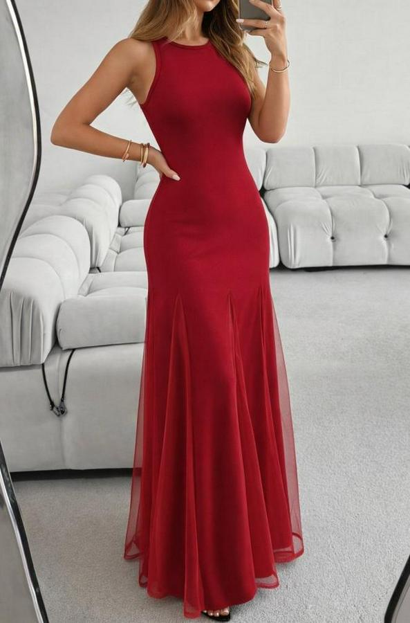 Askılı Bisiklet Yaka Etek Ucu Tül Detaylı Asimetrik Kiloş Uzun Ithal Krep Elbise