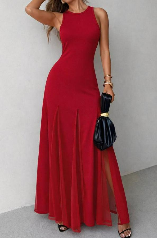 Askılı Bisiklet Yaka Etek Ucu Tül Detaylı Asimetrik Kiloş Uzun Ithal Krep Elbise