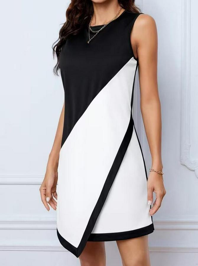 Askılı Bisiklet Yaka Kemersiz Asimetrik Kesim Çift Renkli Kısa Ithal Krep Elbise