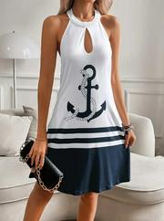 Askılı Çıpa Baskılı Sırtı Açık Kısa Süprem Elbise