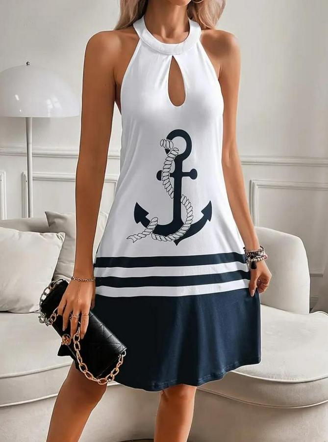 Askılı Çıpa Baskılı Sırtı Açık Kısa Süprem Elbise