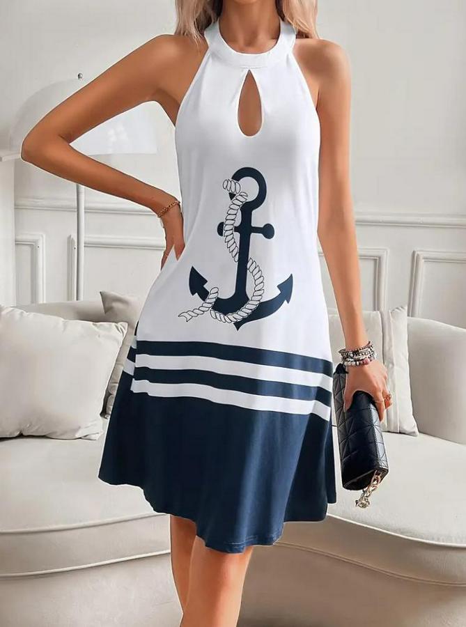 Askılı Çıpa Baskılı Sırtı Açık Kısa Süprem Elbise