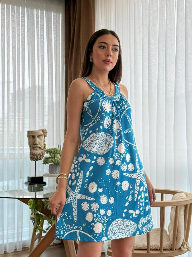 Askılı Deniz Yıldızı Desenli Süprem Elbise