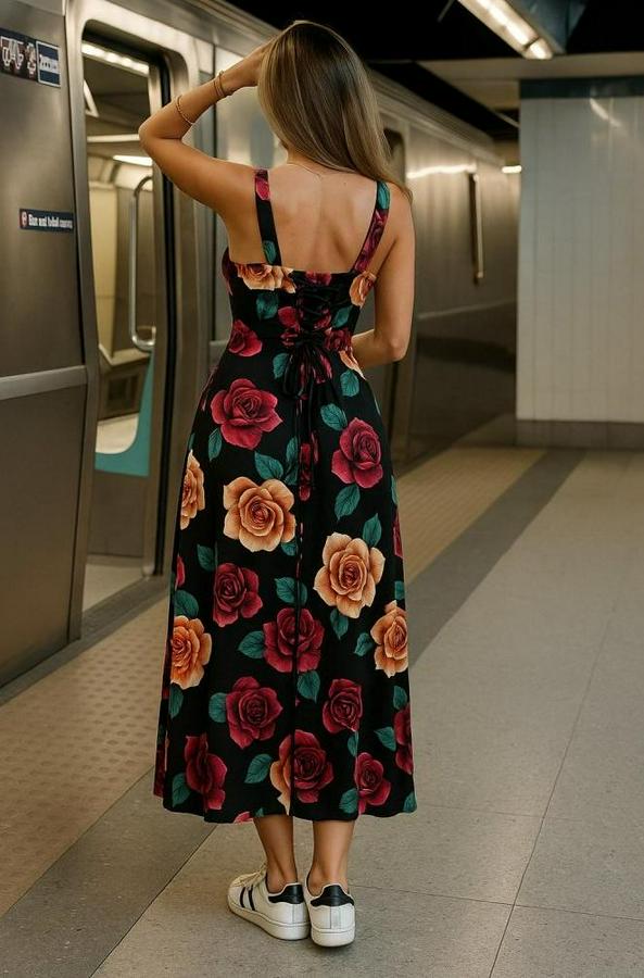 Askılı Geniş V Yakalı Sırttan Bağlamalı Yırtmaçlı Süprem Elbise