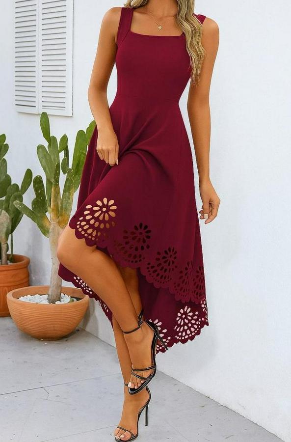 Askılı Geometrik Yaka Çiçek Lazer Kesim Ithal Krep Elbise