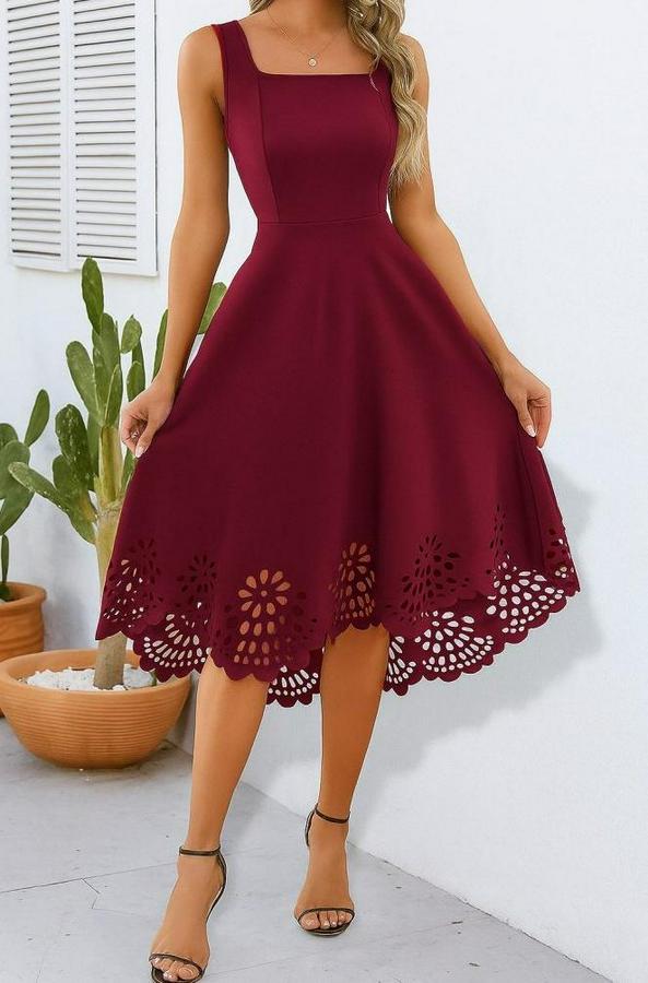 Askılı Geometrik Yaka Çiçek Lazer Kesim Ithal Krep Elbise