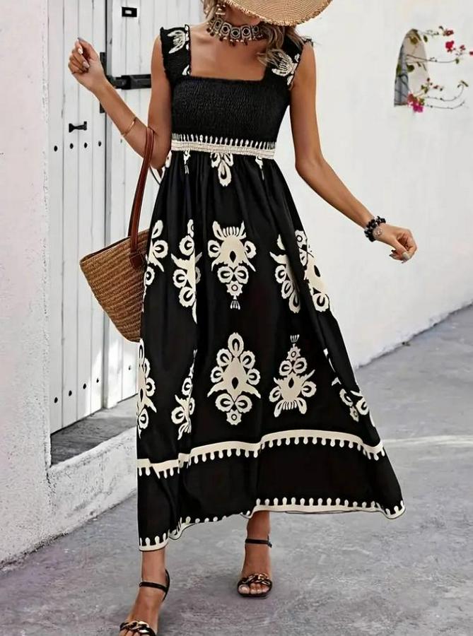 Askılı Kare Yaka Gipe Detaylı Desenli Suprem Elbise