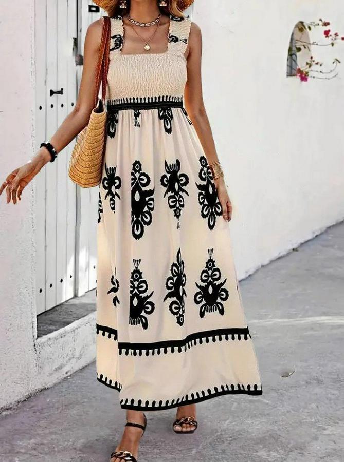 Askılı Kare Yaka Gipe Detaylı Desenli Suprem Elbise