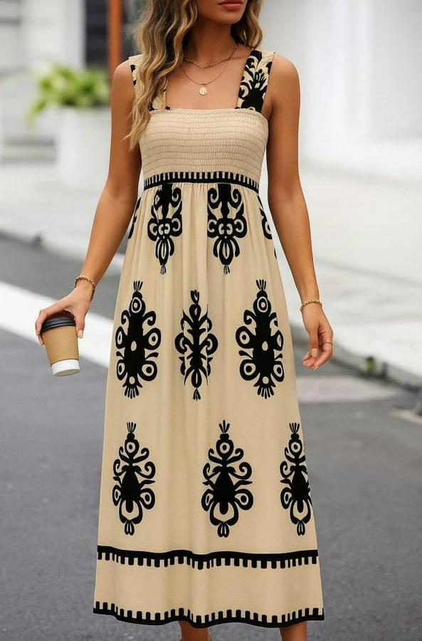 Askılı Kare Yaka Gipe Detaylı Desenli Suprem Elbise