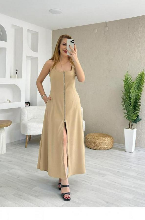 Askılı Kare Yaka Önden Fermuarlı Geniş Kesim Janjan Krep Elbise