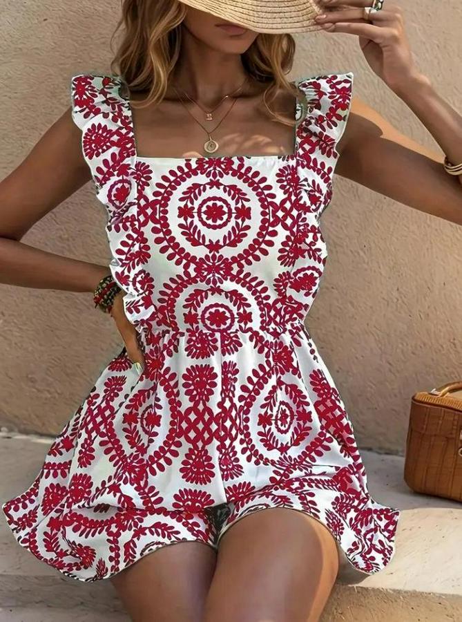 Askılı Kare Yakalı Arkadan Bağcıklı Desenli Keten Tulum