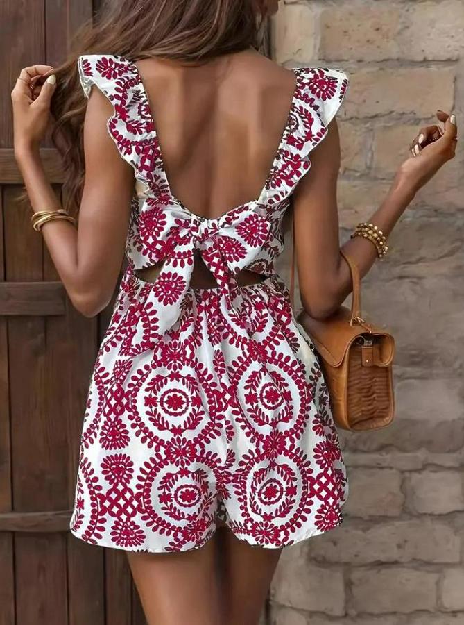 Askılı Kare Yakalı Arkadan Bağcıklı Desenli Keten Tulum