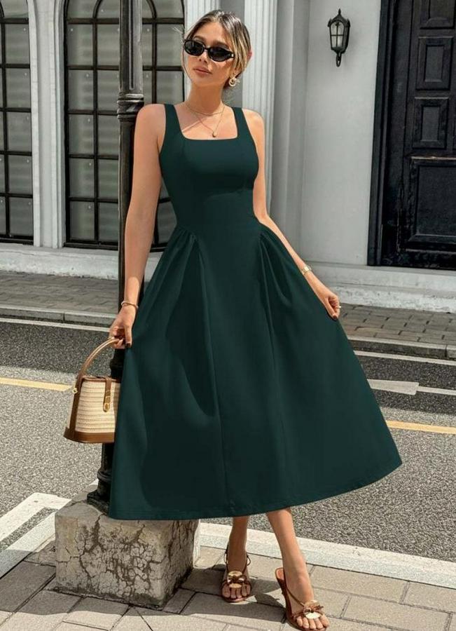 Askılı Kare Yakalı Uzun Ithal Krep Elbise