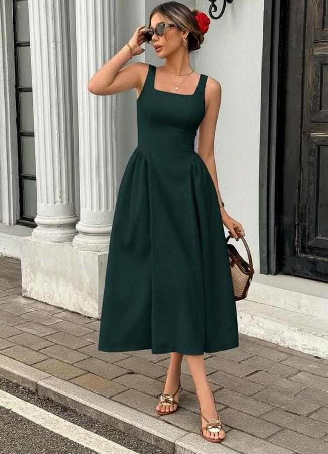 Askılı Kare Yakalı Uzun Ithal Krep Elbise