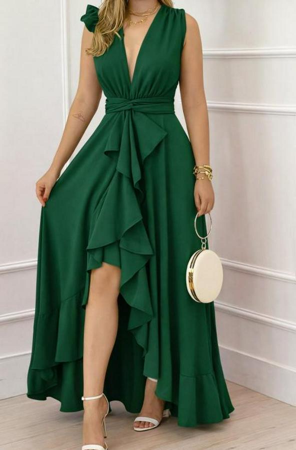 Askılı Kruvaze Yakalı Önü Volanlı Uzun Krep Elbise