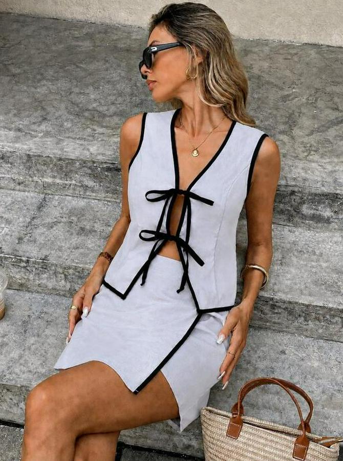 Askılı Önü Bağcıklı Bluz Ve Etek Ikili Takım