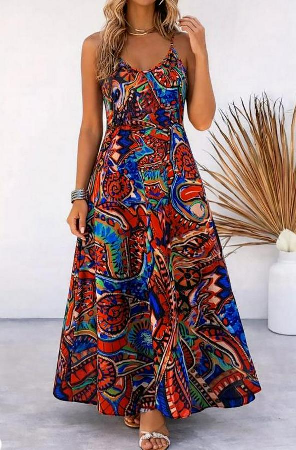 Askılı V Yakalı Desenli Uzun Süprem Elbise