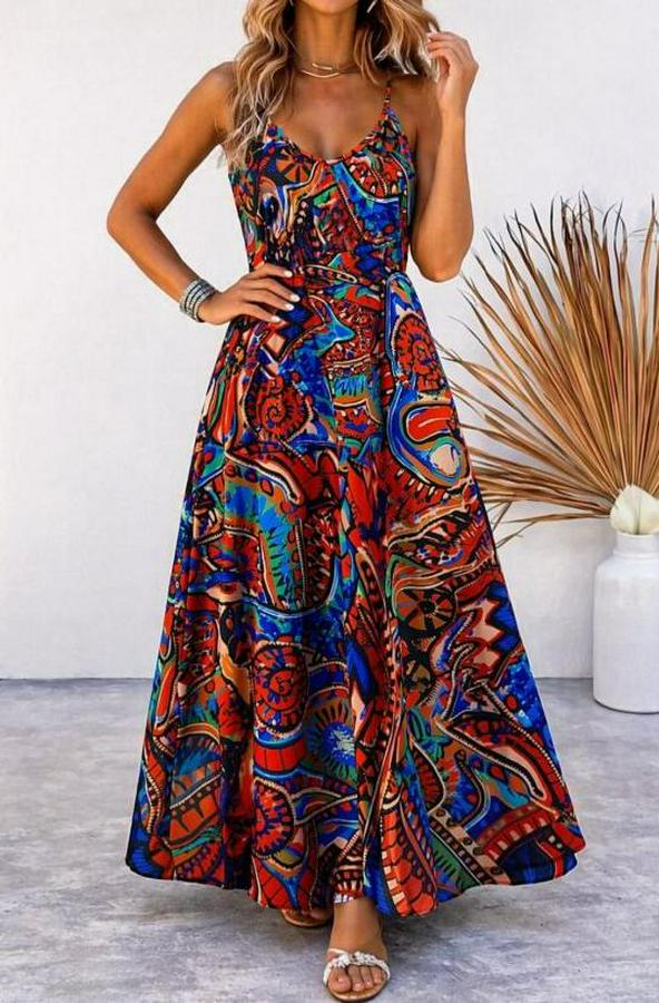 Askılı V Yakalı Desenli Uzun Süprem Elbise