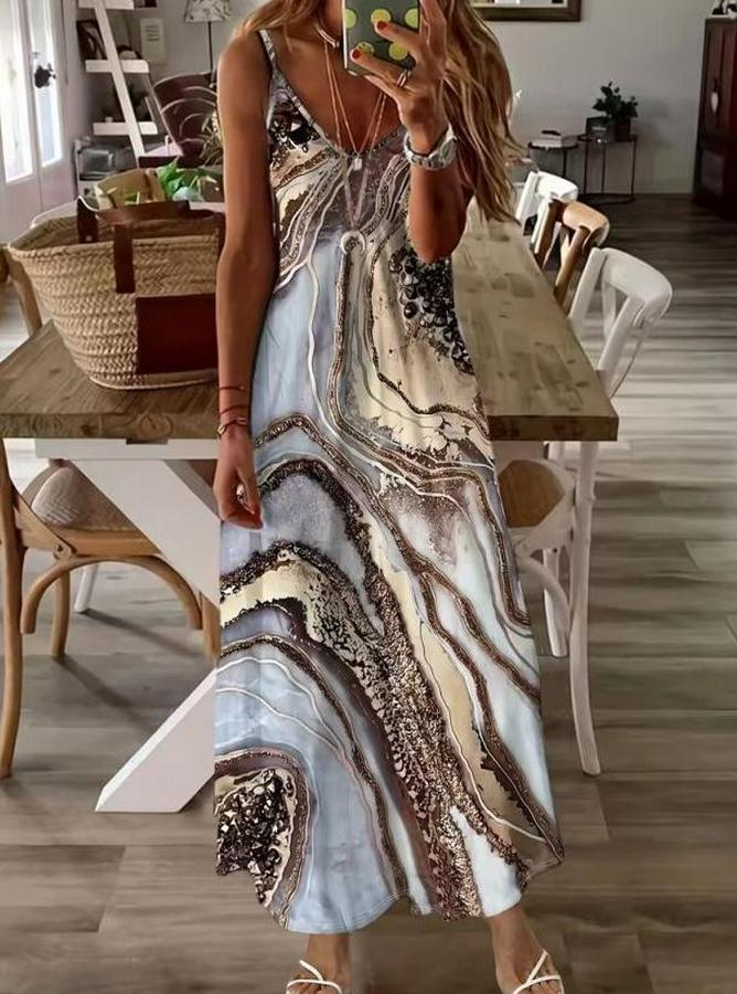 Askılı V Yakalı Desenlı Uzun Süprem Elbise