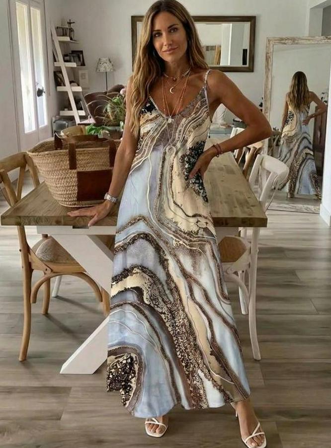 Askılı V Yakalı Desenlı Uzun Süprem Elbise