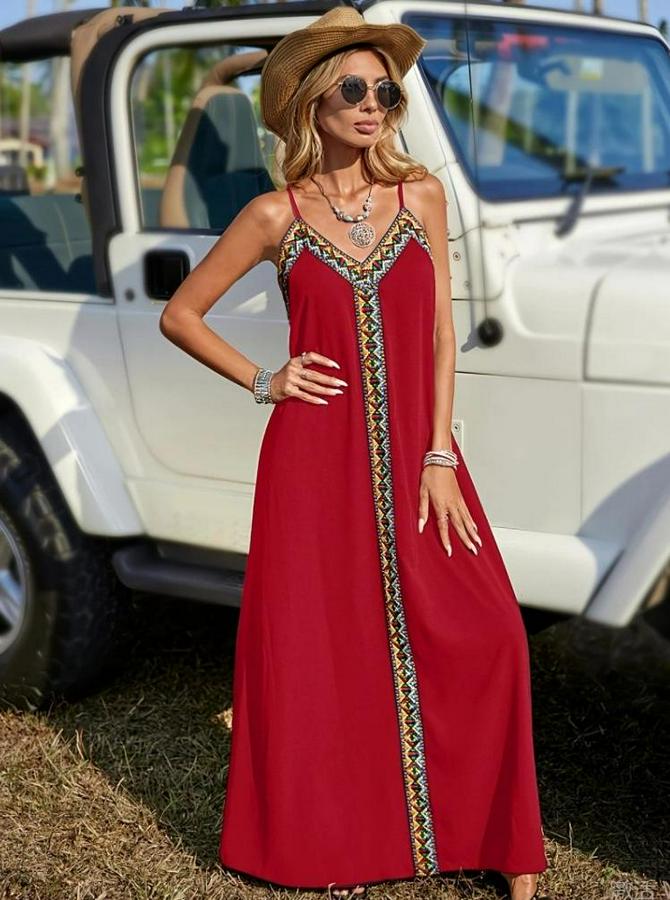 Askılı V Yakalı Etnik Şerit Detaylı Uzun Viskon Elbise