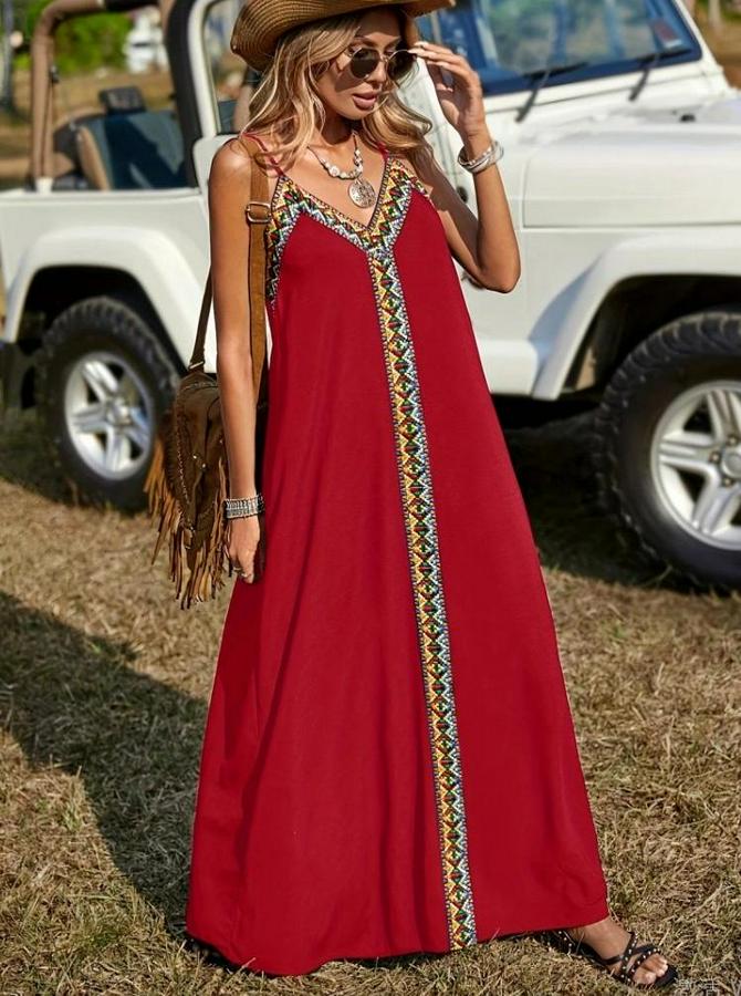 Askılı V Yakalı Etnik Şerit Detaylı Uzun Viskon Elbise