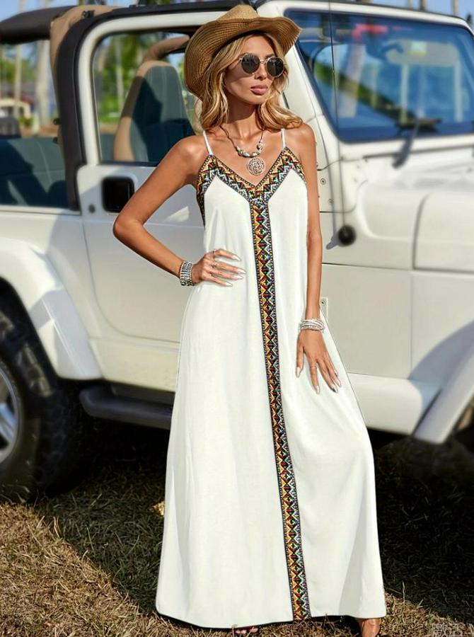 Askılı V Yakalı Etnik Şerit Detaylı Uzun Viskon Elbise