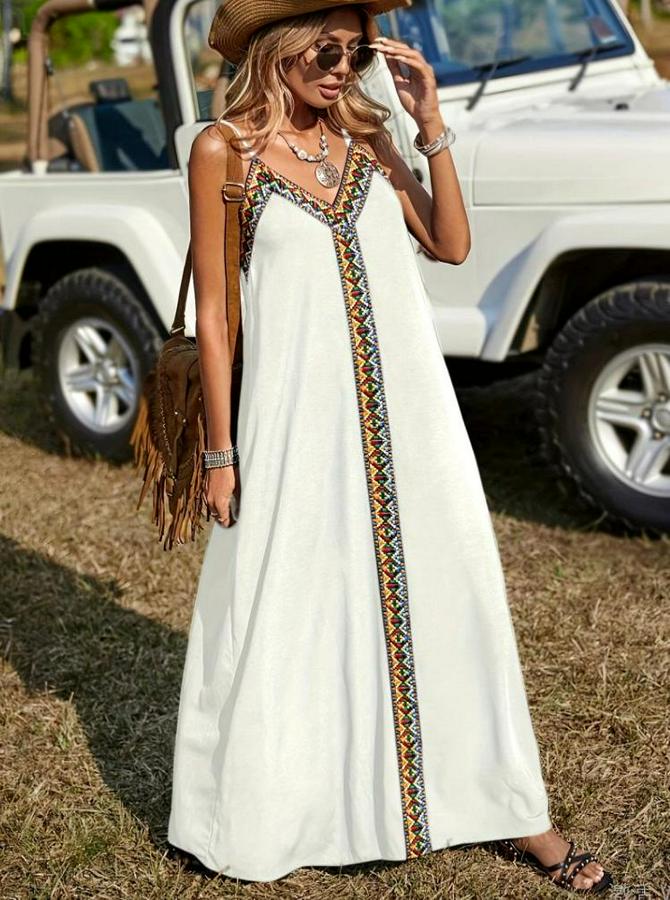 Askılı V Yakalı Etnik Şerit Detaylı Uzun Viskon Elbise