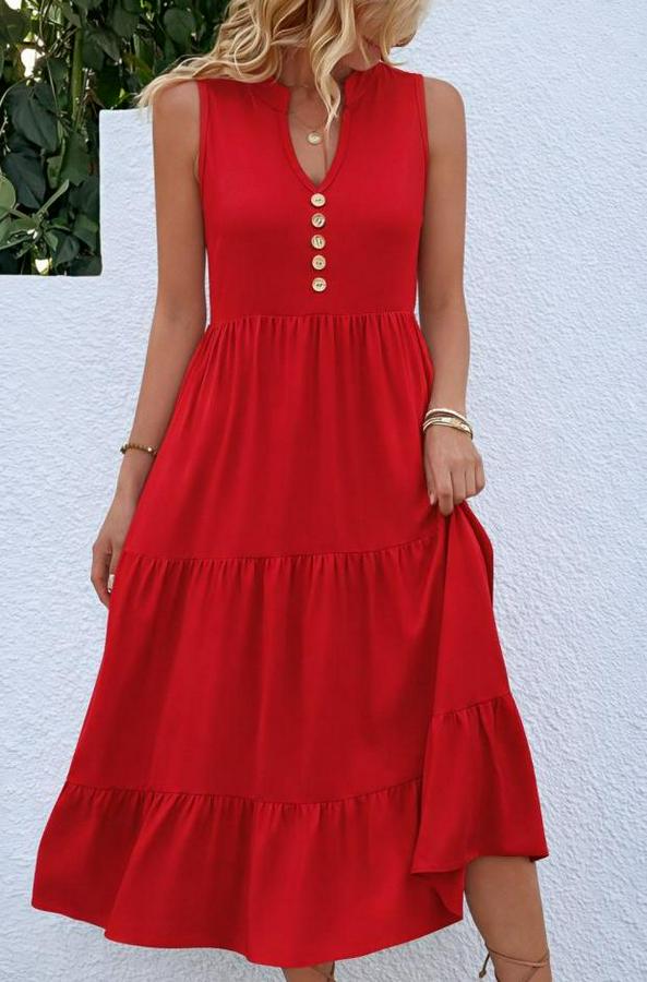 Askılı V Yakalı Önden Düğmeli Midi Viskon Elbise