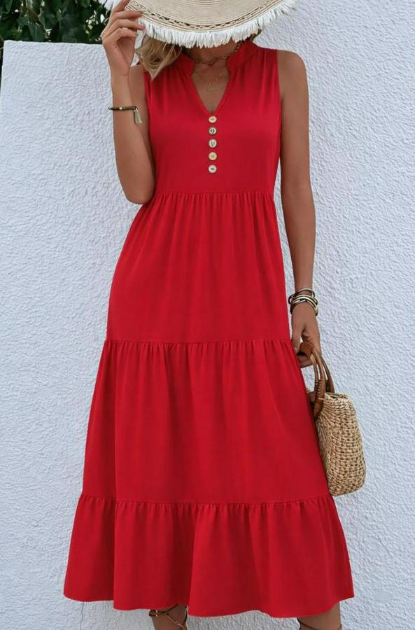 Askılı V Yakalı Önden Düğmeli Midi Viskon Elbise