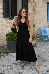 Askılı V Yakalı Yırtmaçlı Viskon Elbise