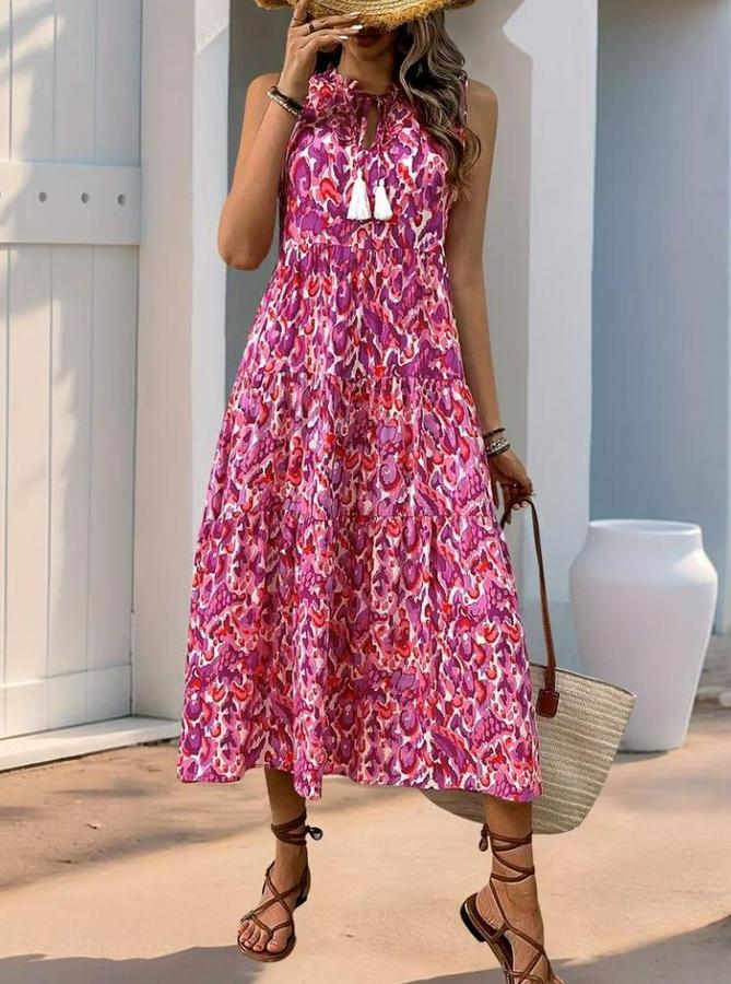 Askılı Yakası Fırfırlı Bağcıklı Desenli Uzun Süprem Elbise