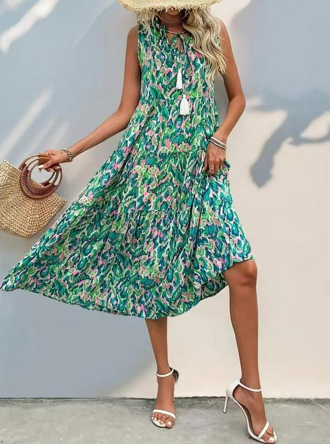 Askılı Yakası Fırfırlı Bağcıklı Desenli Uzun Süprem Elbise