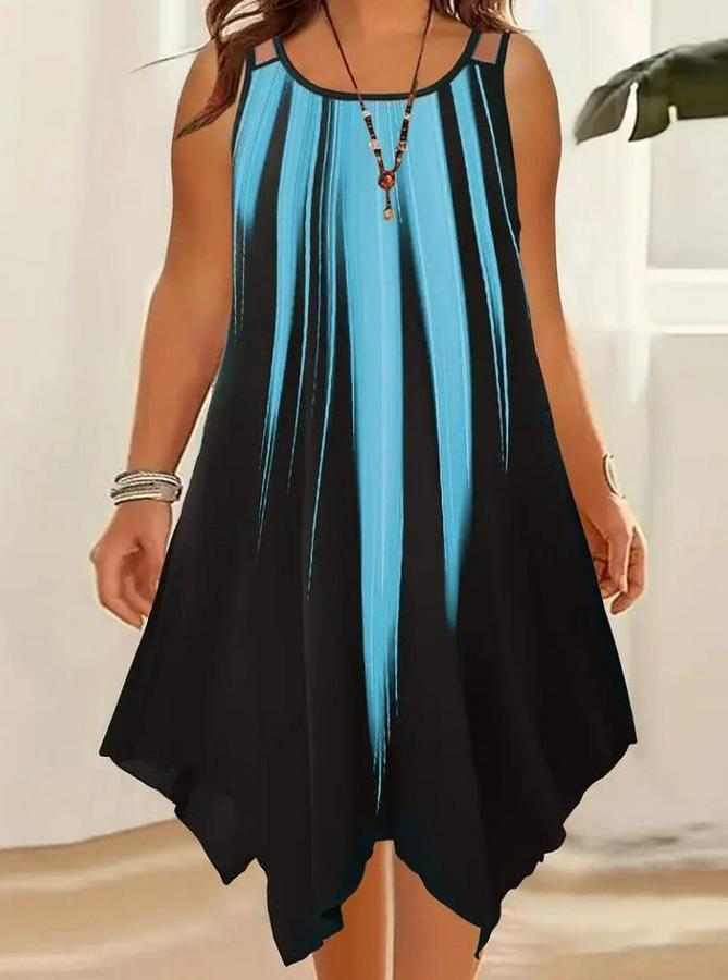 Askılı Yuvarlak Yaka Asimetrik Detaylı Desenli Süprem Elbise