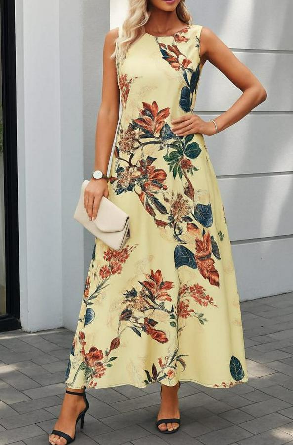 Askılı Yuvarlak Yaka Cepli Desenli Süprem Elbise