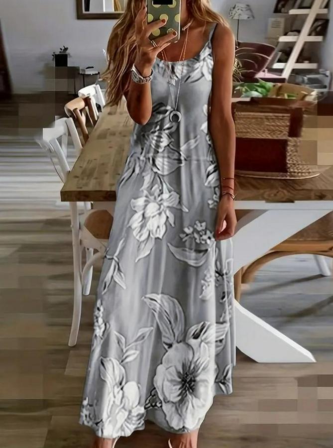 Askılı Yuvarlak Yaka Etek Geniş Kesim Desenli Süprem Elbise