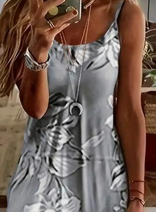 Askılı Yuvarlak Yaka Etek Geniş Kesim Desenli Süprem Elbise