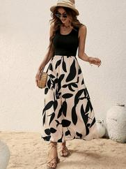 Askılı Yuvarlak Yaka Üst Viskon Alt Desenli Uzun Süprem Elbise