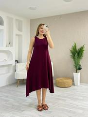 Askılı Yuvarlak Yakalı Asimetrik Kesim Detaylı Viskon Elbise