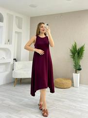 Askılı Yuvarlak Yakalı Asimetrik Kesim Detaylı Viskon Elbise