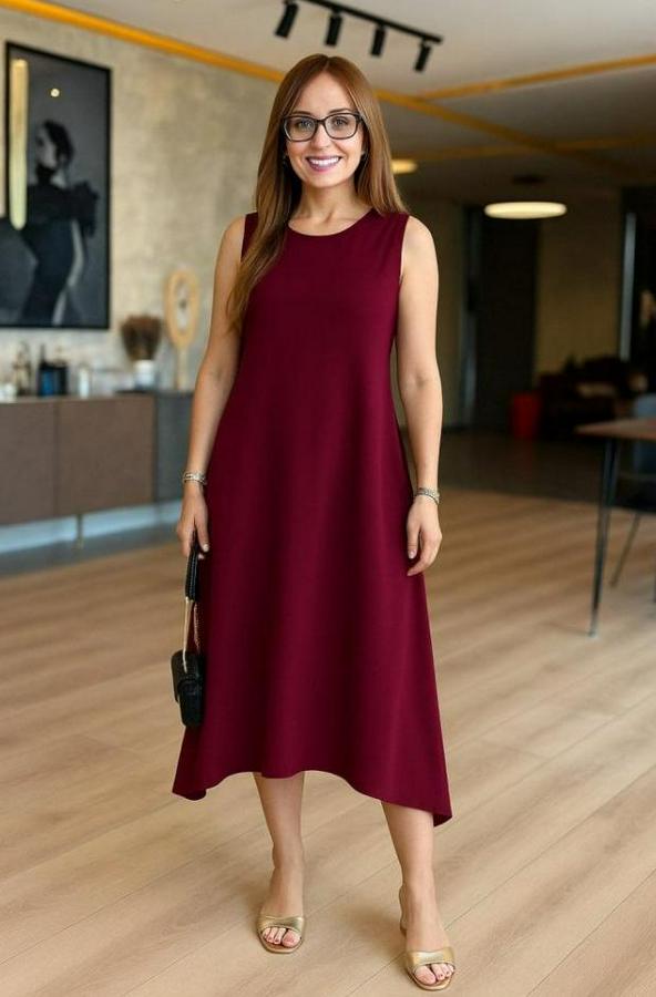 Askılı Yuvarlak Yakalı Asimetrik Kesim Detaylı Viskon Elbise