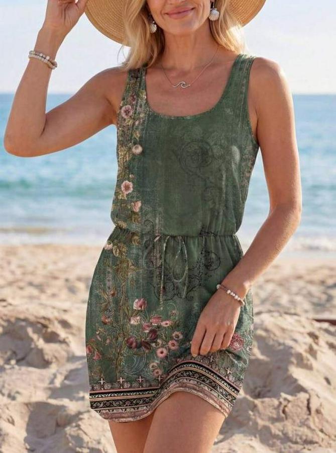 Askılı Yuvarlak Yakalı Beli Kusaklı Çiçek Desenli Kısa Süprem Elbise