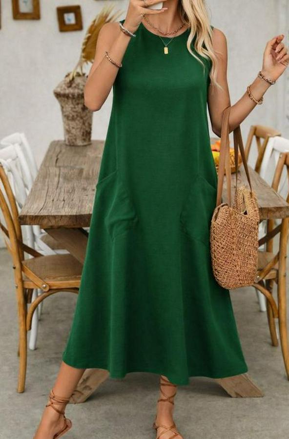 Askılı Yuvarlak Yakalı Kıloş Cepli Uzun Elbise
