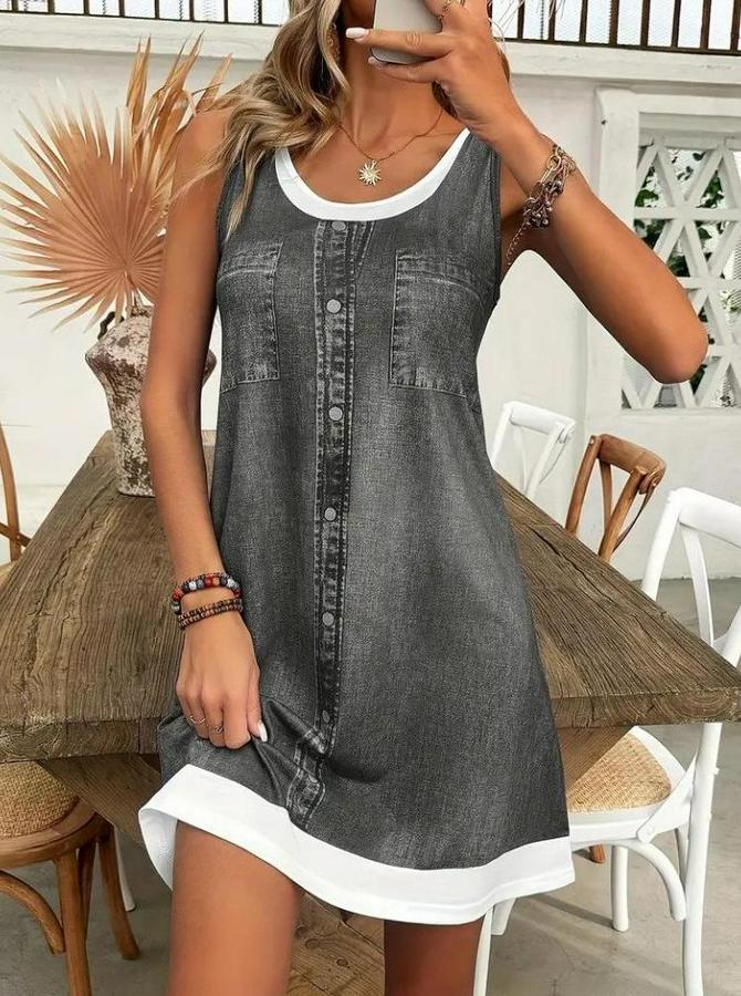 Askılı Yuvarlak Yakalı Kot Görünümlü Kısa Süprem Elbise