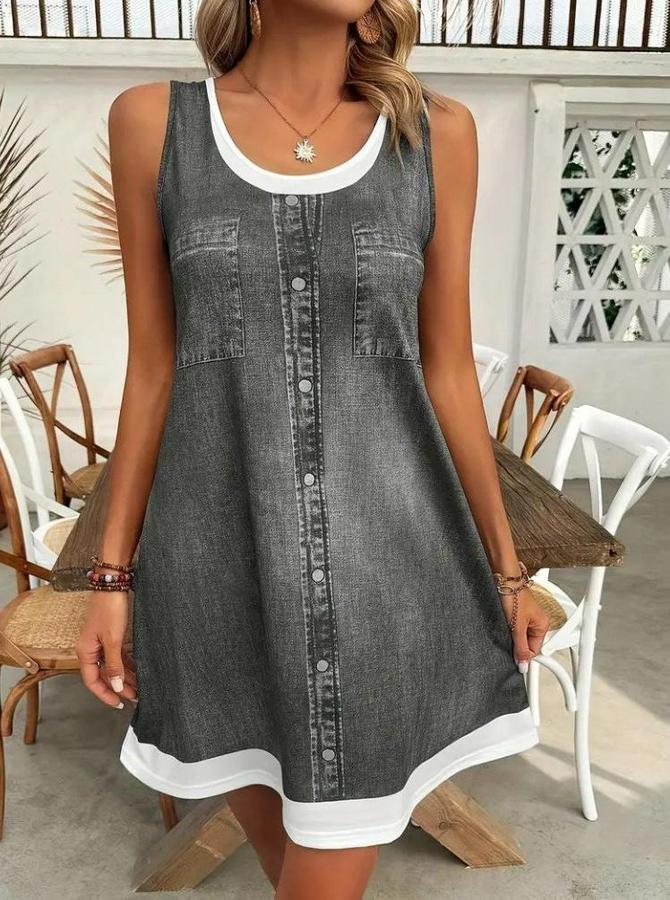 Askılı Yuvarlak Yakalı Kot Görünümlü Kısa Süprem Elbise