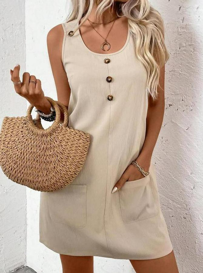 Askılı Yuvarlak Yakalı Önden Düğmeli Cep Detaylı Kısa Elbise